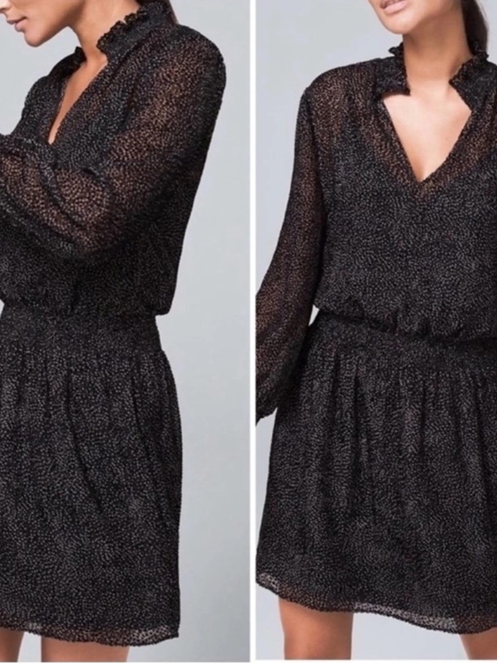 White House Black Market W’s XS Soft Blouson Flocked Dot Black Mini Dress